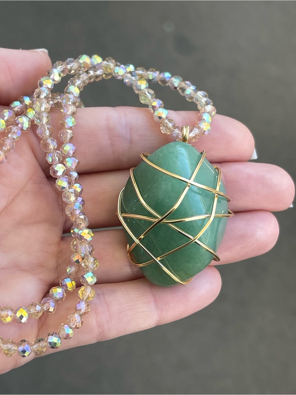 Green Aventurine Gold Tone Wire Wrap Necklace on Champagne Glass Beads  Handmade